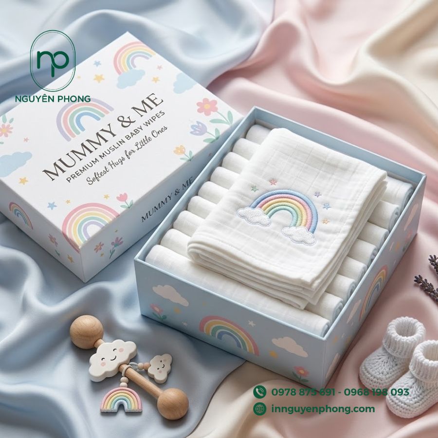 in hộp đựng khăn xô, khăn sữa cho em bé